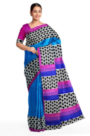 Printed  pure silk saree in  blue with patterned  borders & pallu