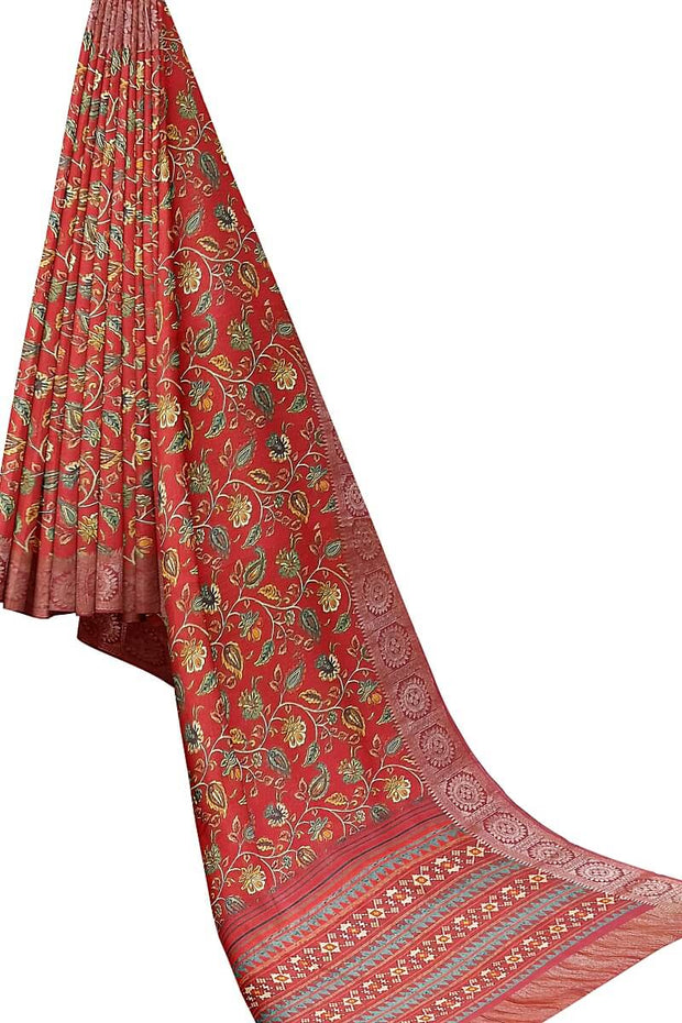 Handwoven moonga silk saree with equally beautiful woven zari border and the red color kalamkari looks  beautiful.
