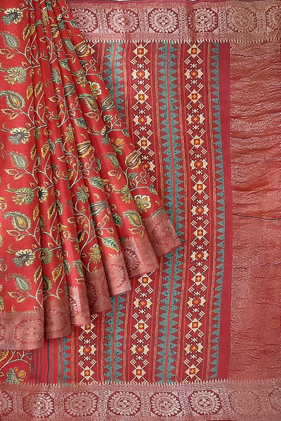 Handwoven moonga silk saree with equally beautiful woven zari border and the red color kalamkari looks  beautiful.