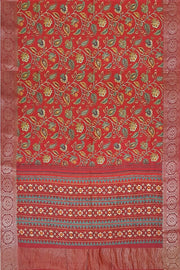 Handwoven moonga silk saree with equally beautiful woven zari border and the red color kalamkari looks  beautiful.