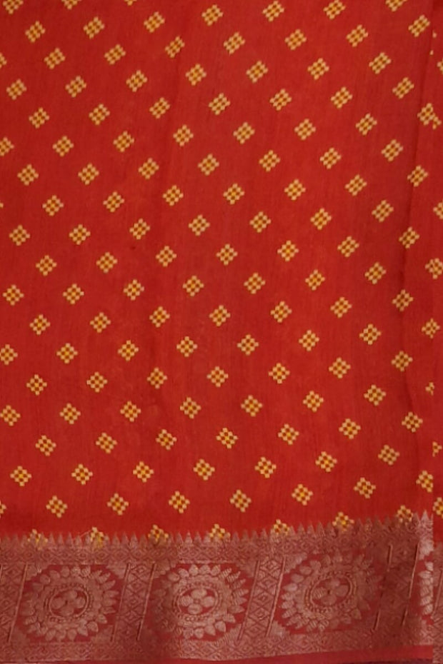 Handwoven moonga silk saree with equally beautiful woven zari border and the red color kalamkari looks  beautiful.