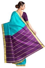 Mysore  crepe  silk saree in  blue  with contrast pallu in purple