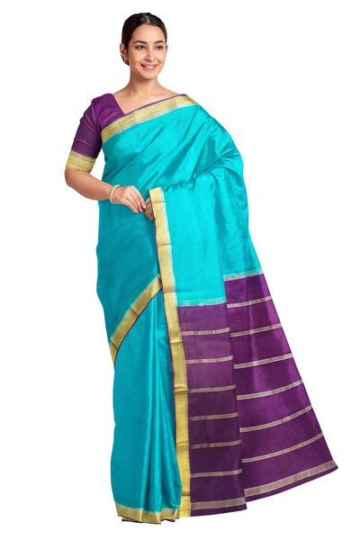 Mysore  crepe pure silk saree in  blue  with contrast pallu in purple