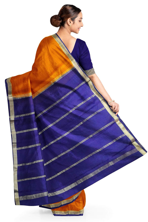 Mysore  crepe  silk saree in rust  with  contrast pallu in blue