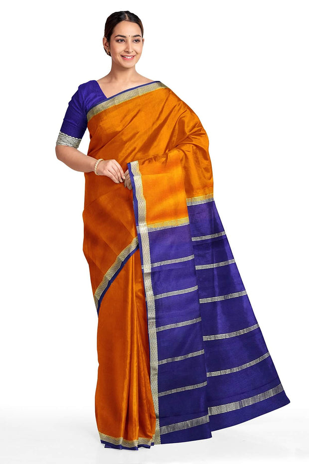 Mysore  crepe  silk saree in rust  with  contrast pallu in blue