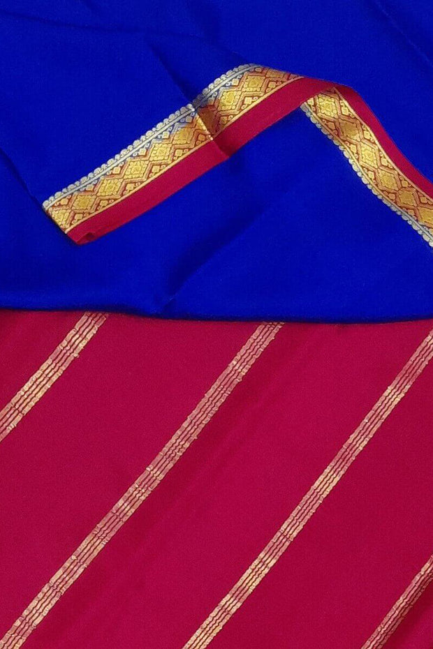 Mysore  crepe  silk saree in blue with contrast pallu in magenta