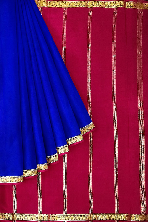 Mysore  crepe  silk saree in blue with contrast pallu in magenta