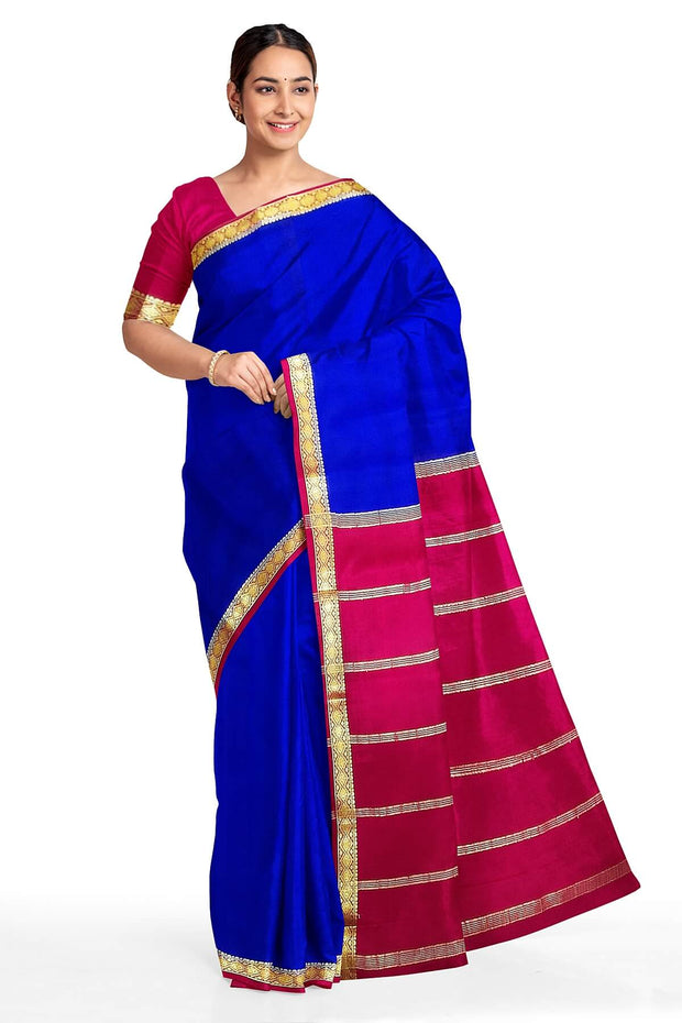 Mysore  crepe  silk saree in blue with contrast pallu in magenta