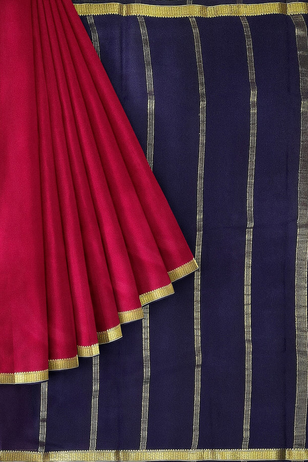 Mysore  crepe  silk saree in magenta  with contrast pallu in blue