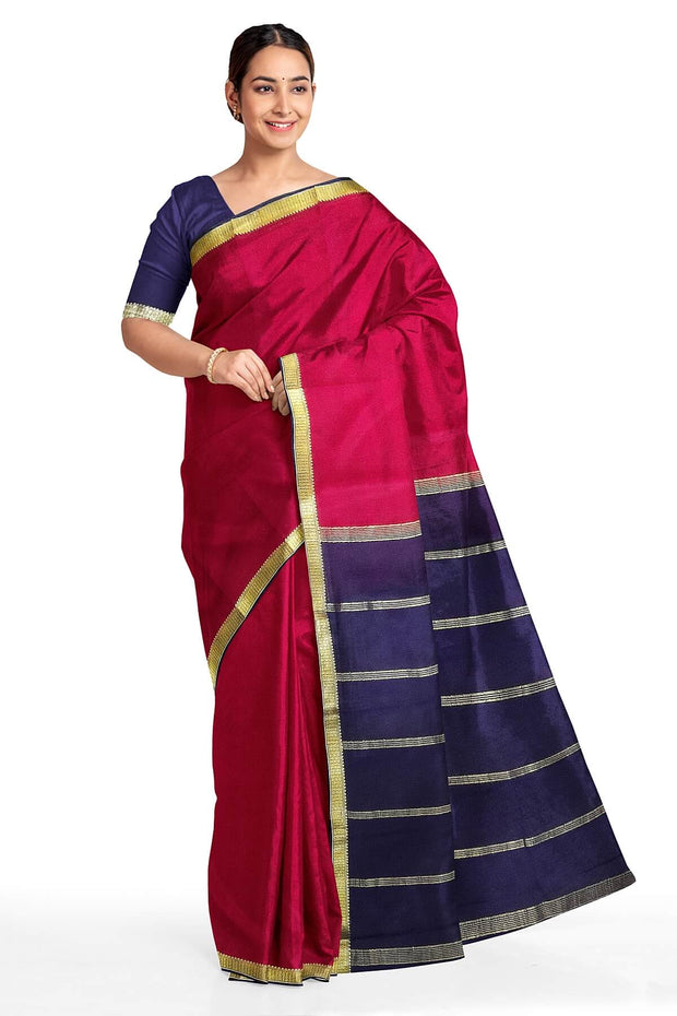 Mysore  crepe  silk saree in magenta  with contrast pallu in blue