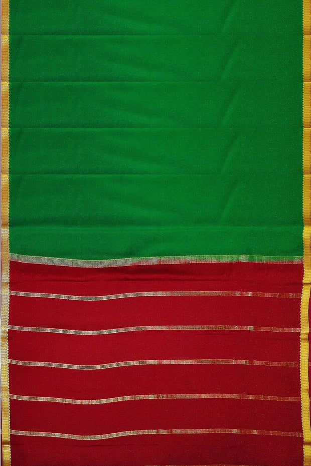 Mysore  crepe  silk saree in  green  with contrast pallu in red