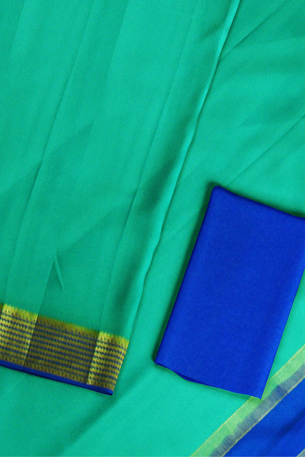 Mysore crepe silk saree in pool blue with a  contrast pallu