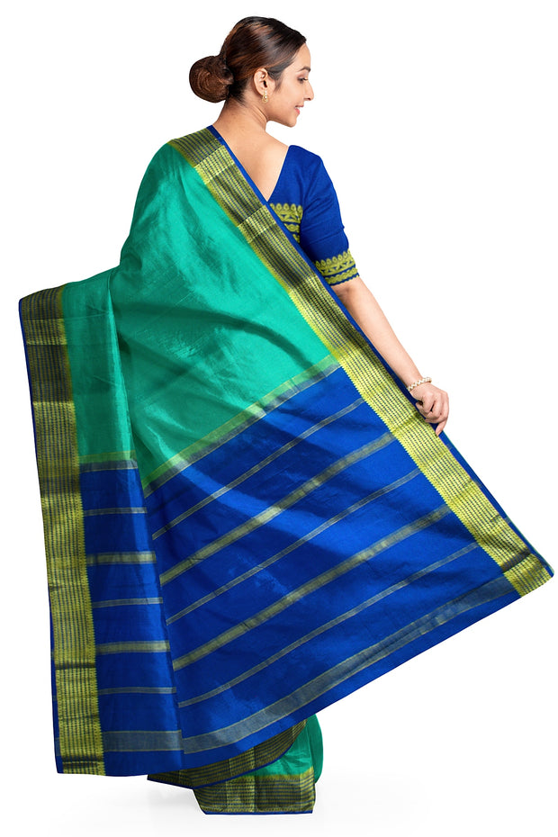 Mysore crepe silk saree in pool blue with a  contrast pallu