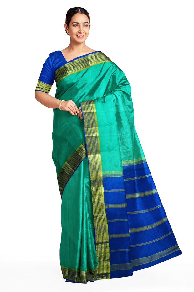 Mysore crepe silk saree in pool blue with a  contrast pallu