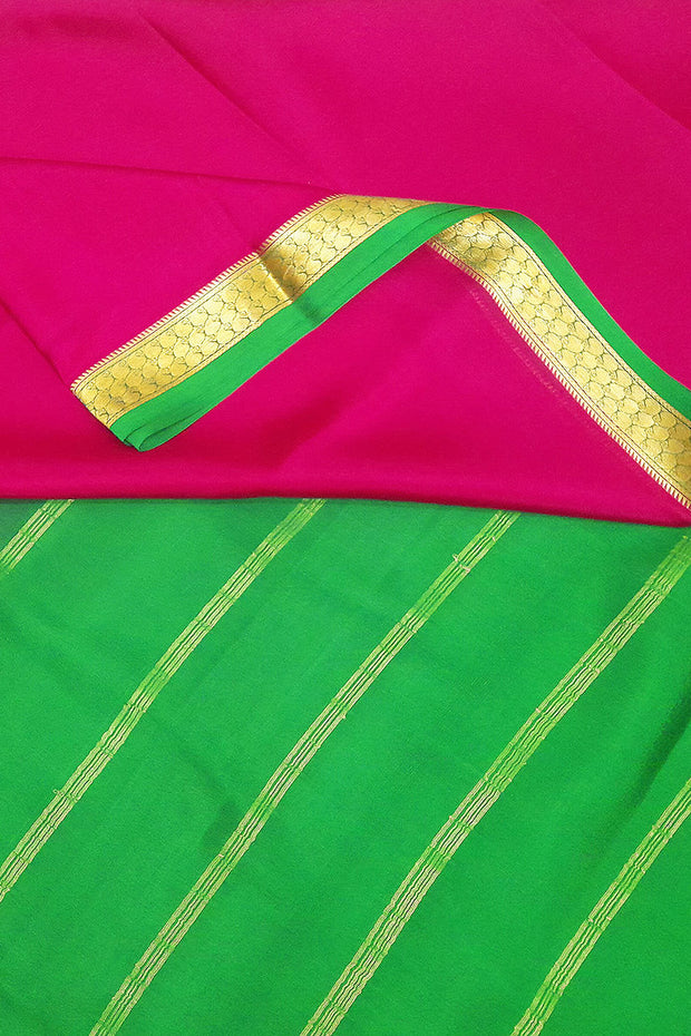 Mysore  crepe pure  silk saree in pink  with contrast pallu in green