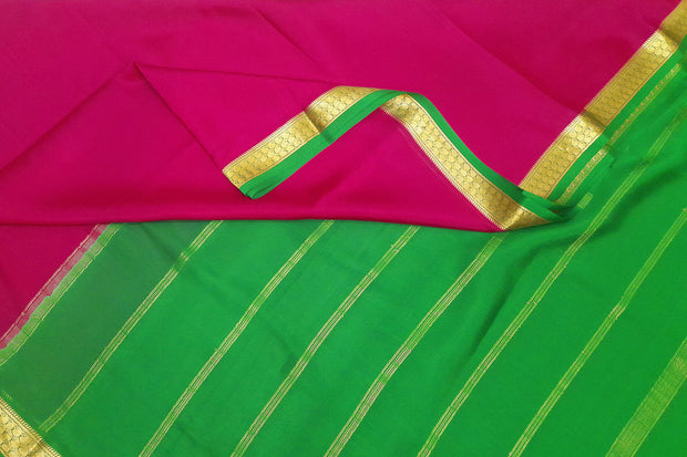 Mysore  crepe pure  silk saree in pink  with contrast pallu in green