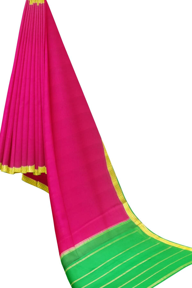 Mysore  crepe  silk saree in pink  with contrast pallu in green