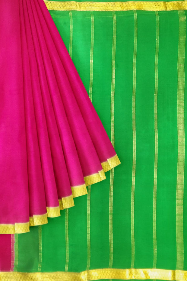 Mysore  crepe pure  silk saree in pink  with contrast pallu in green