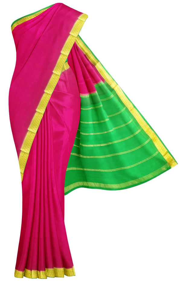 Mysore  crepe  silk saree in pink  with contrast pallu in green