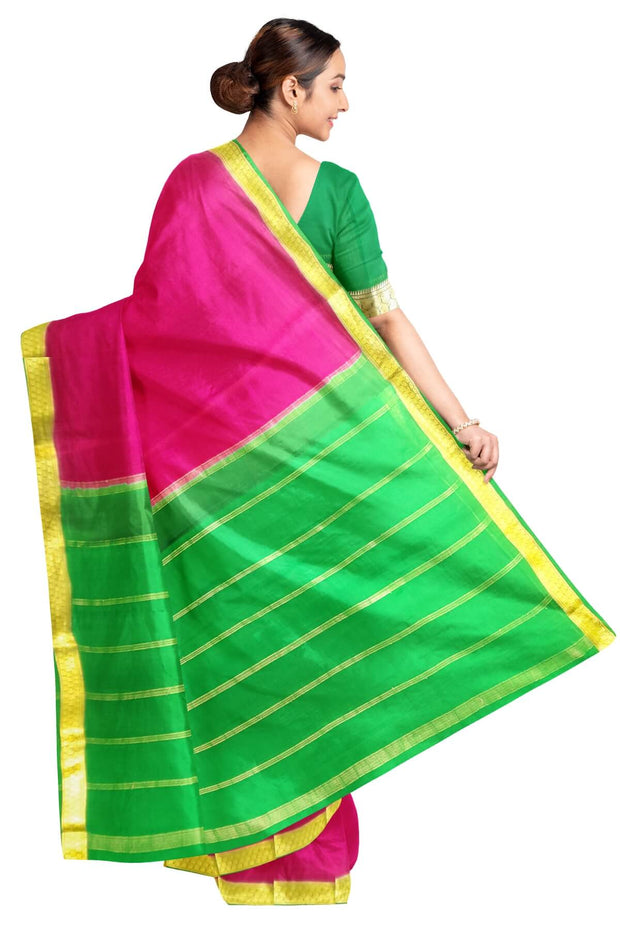Mysore  crepe pure  silk saree in pink  with contrast pallu in green