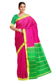 Mysore  crepe pure  silk saree in pink  with contrast pallu in green