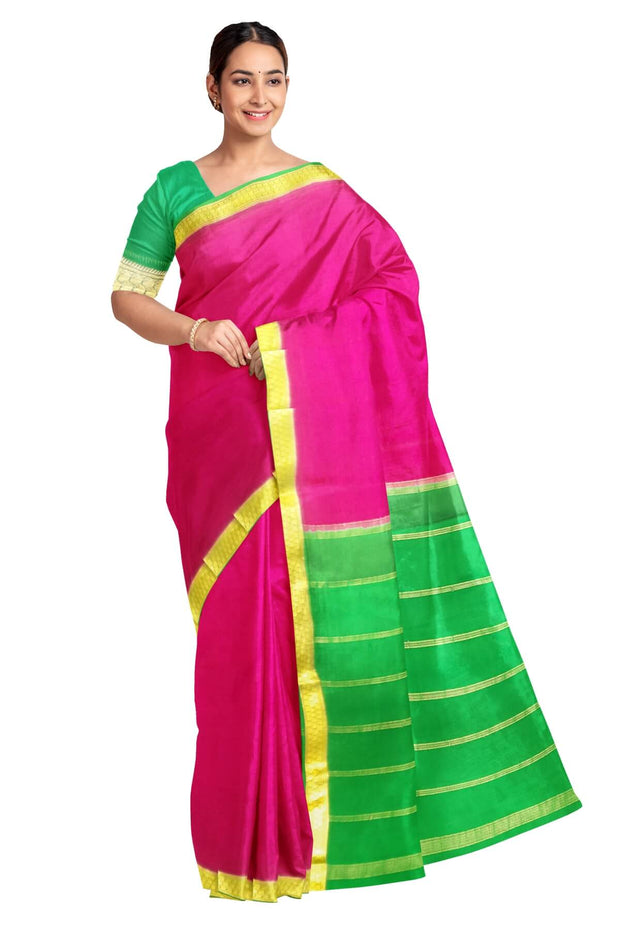 Mysore  crepe pure  silk saree in pink  with contrast pallu in green