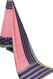 Mysore crepe silk saree in peach with fine zari checks all over the body with a contrast zari woven pallu.
