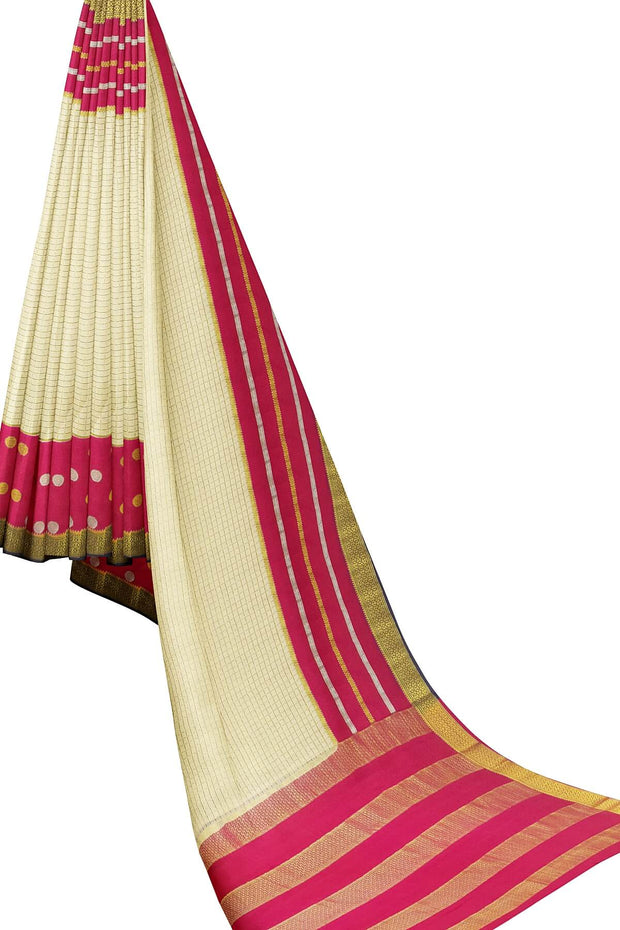 Mysore crepe silk saree in cream with fine zari checks all over the body with a contrast zari woven pallu.