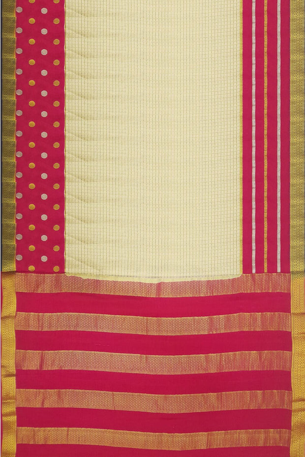 Mysore crepe silk saree in cream with fine zari checks all over the body with a contrast zari woven pallu.