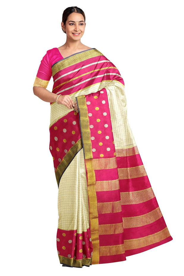 Mysore crepe silk saree in cream with fine zari checks all over the body with a contrast zari woven pallu.