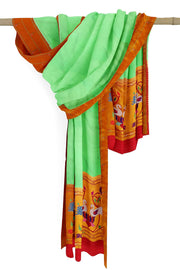 Handwoven Paithani pure silk dupatta in pista green