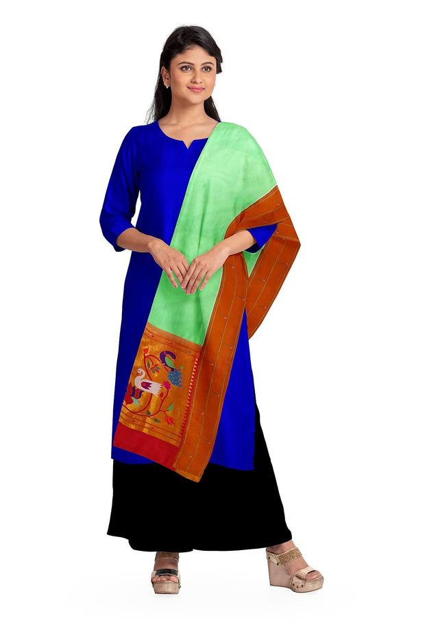 Handwoven Paithani pure silk dupatta in pista green