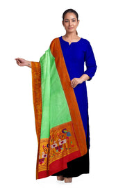 Handwoven Paithani pure silk dupatta in pista green