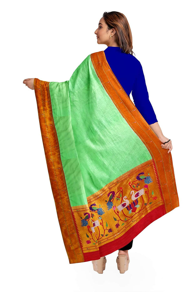 Handwoven Paithani pure silk dupatta in pista green