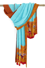 Handwoven Paithani pure silk dupatta in  sky blue