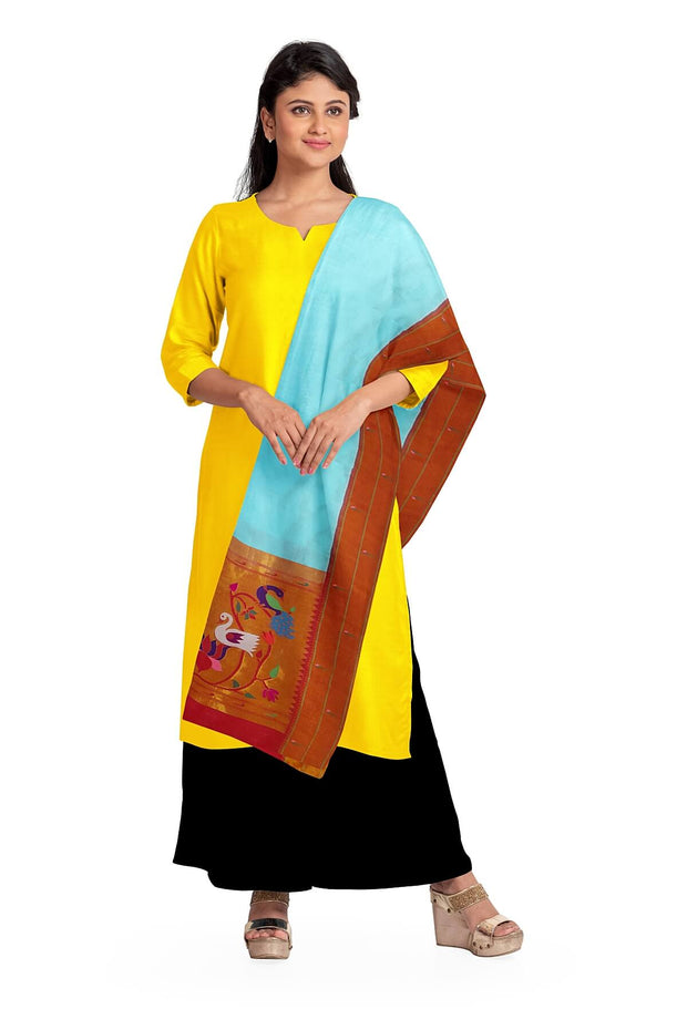 Handwoven Paithani pure silk dupatta in  sky blue