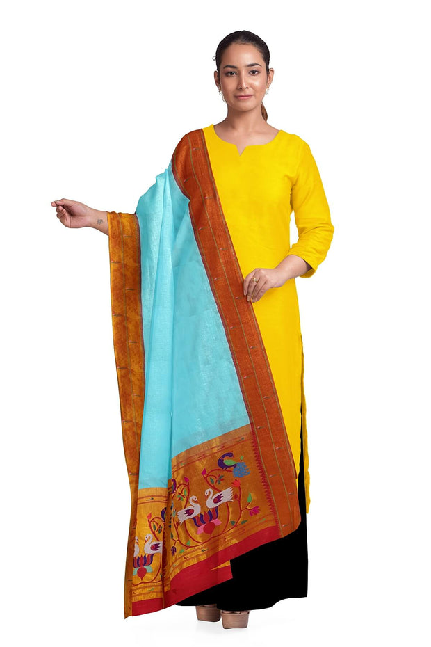 Handwoven Paithani pure silk dupatta in  sky blue
