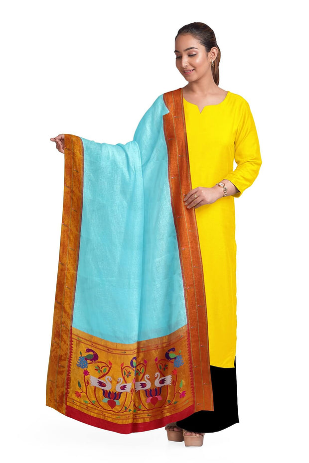Handwoven Paithani pure silk dupatta in  sky blue