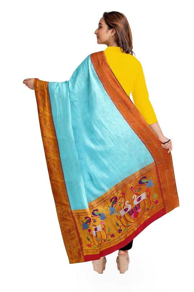 Handwoven Paithani pure silk dupatta in  sky blue
