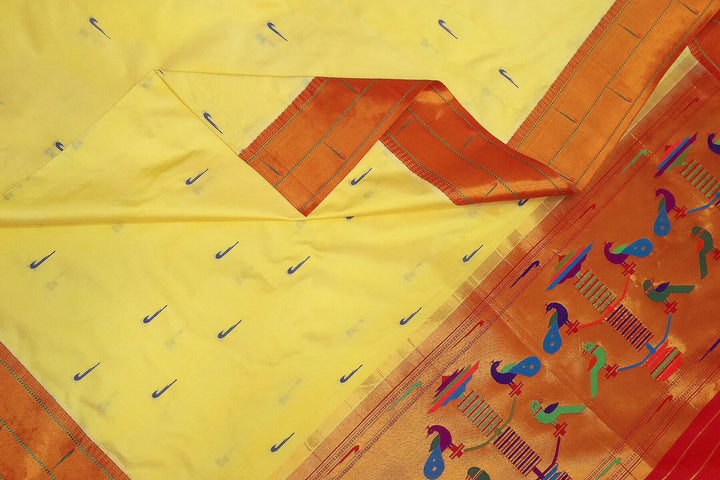 Handwoven Paithani pure silk dupatta in pastel shade of yellow