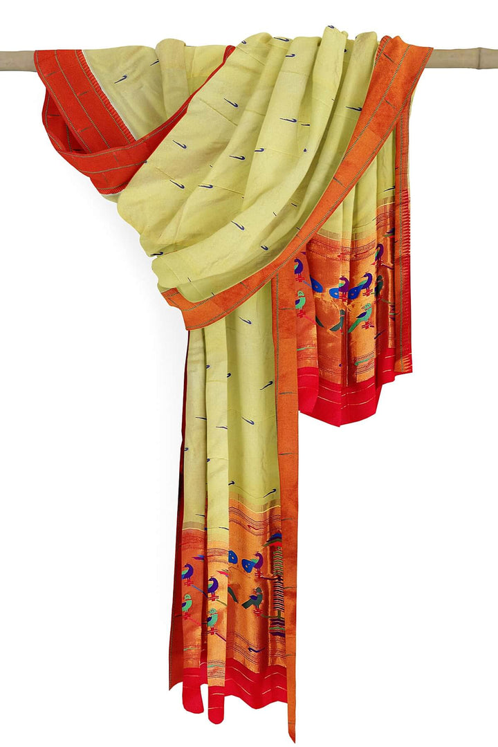 Handwoven Paithani pure silk dupatta in pastel shade of yellow