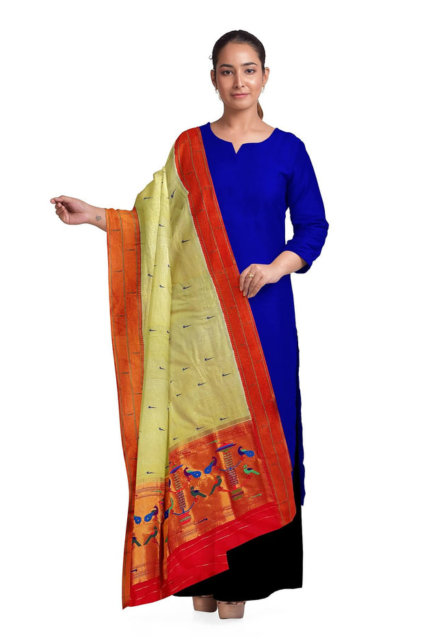 Handwoven Paithani pure silk dupatta in pastel shade of yellow