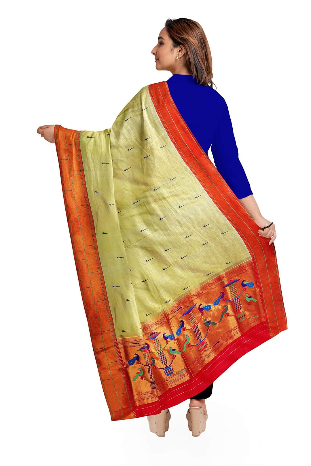 Handwoven Paithani pure silk dupatta in pastel shade of yellow