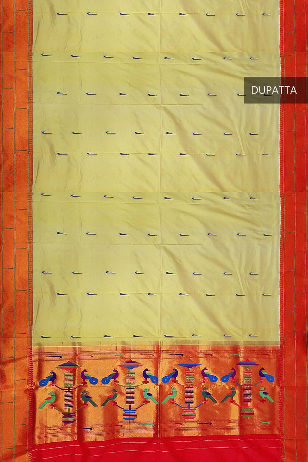 Handwoven Paithani pure silk dupatta in pastel shade of yellow