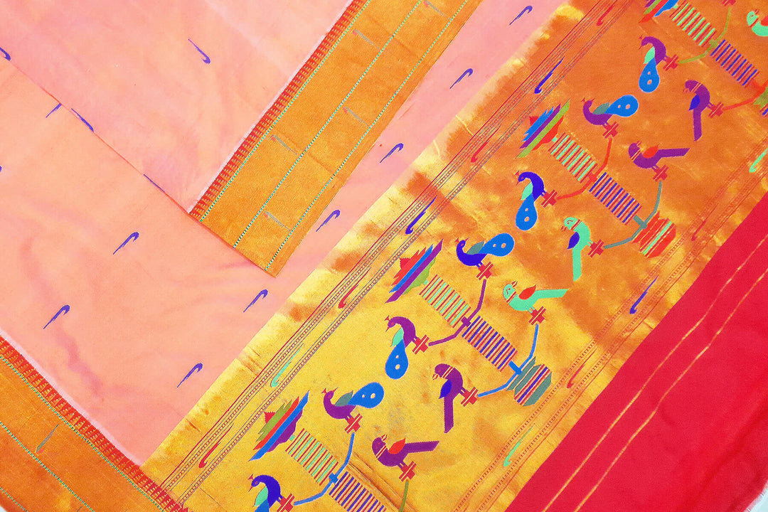 Handwoven Paithani pure silk dupatta in light  peach