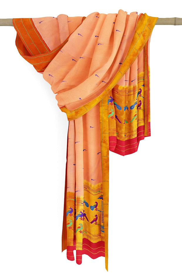 Handwoven Paithani pure silk dupatta in light  peach