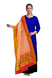 Handwoven Paithani pure silk dupatta in light  peach