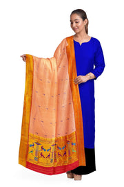 Handwoven Paithani pure silk dupatta in light  peach