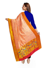 Handwoven Paithani pure silk dupatta in light  peach