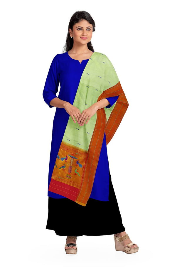 Handwoven Paithani pure silk dupatta in pista green